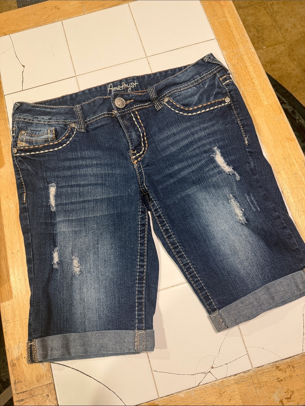 Amethyst Jeans Dark Blue Distressed Cuffed Denim Shorts